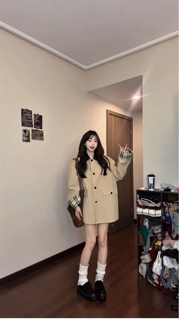레트로 영국식 바람 체크무늬 패치워크 쇼트 스타일 바람막이 여성 코트 가을 작은 키 루즈핏 디자인 센스 재킷 맨위 상세 이미지 3