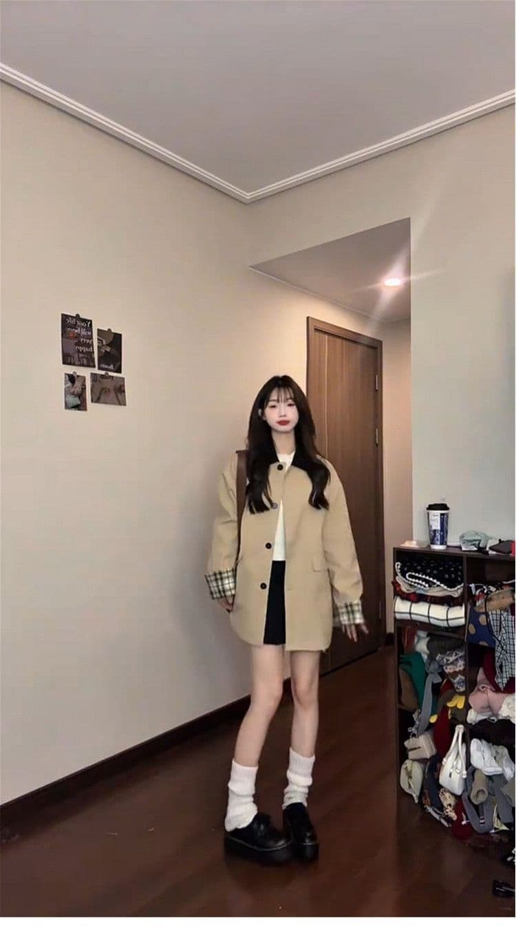 레트로 영국식 바람 체크무늬 패치워크 쇼트 스타일 바람막이 여성 코트 가을 작은 키 루즈핏 디자인 센스 재킷 맨위 상세 이미지 4