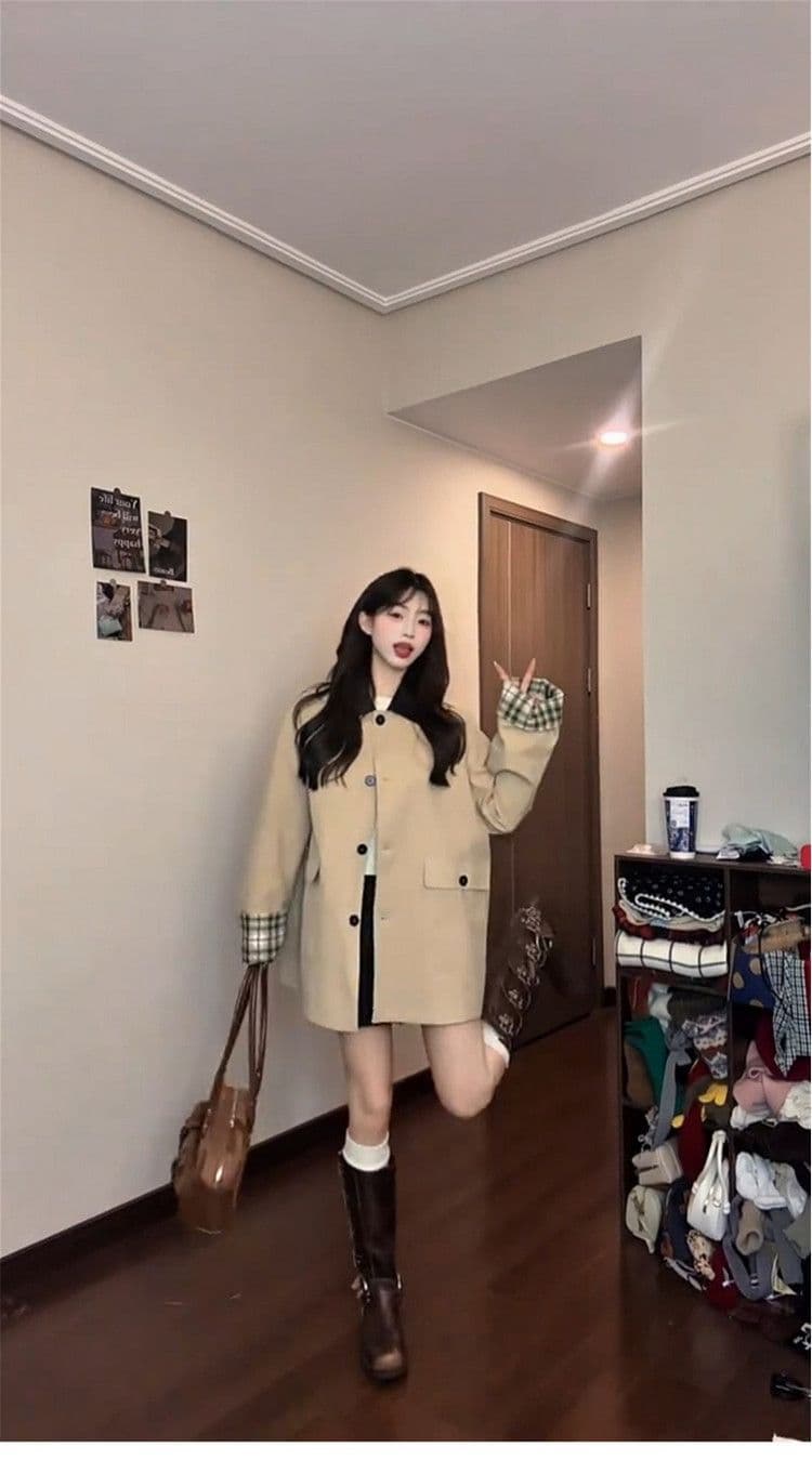 레트로 영국식 바람 체크무늬 패치워크 쇼트 스타일 바람막이 여성 코트 가을 작은 키 루즈핏 디자인 센스 재킷 맨위 상세 이미지 5