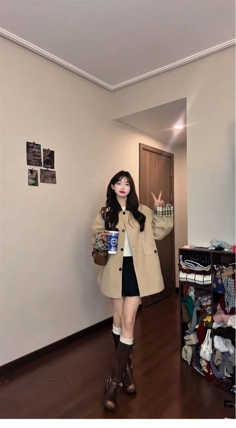 레트로 영국식 바람 체크무늬 패치워크 쇼트 스타일 바람막이 여성 코트 가을 작은 키 루즈핏 디자인 센스 재킷 맨위 상세 이미지 6