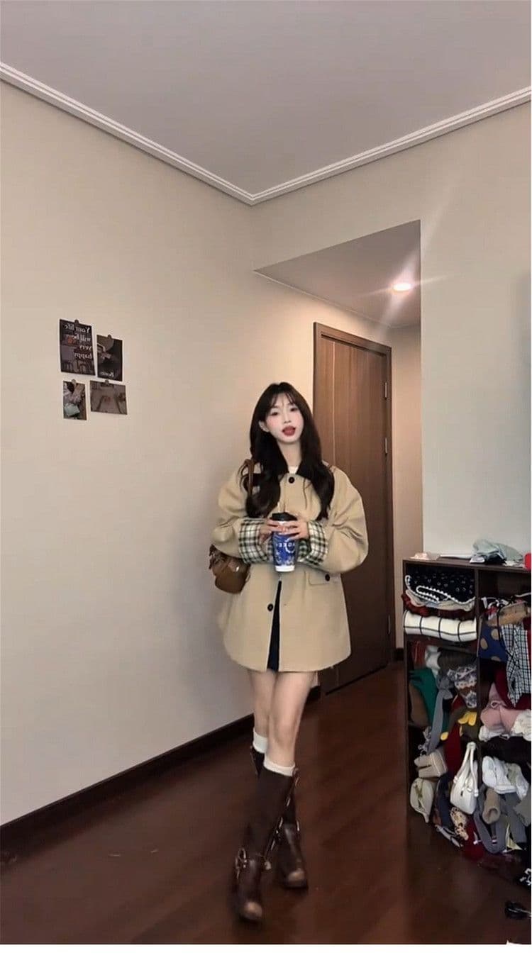 레트로 영국식 바람 체크무늬 패치워크 쇼트 스타일 바람막이 여성 코트 가을 작은 키 루즈핏 디자인 센스 재킷 맨위 상세 이미지 7