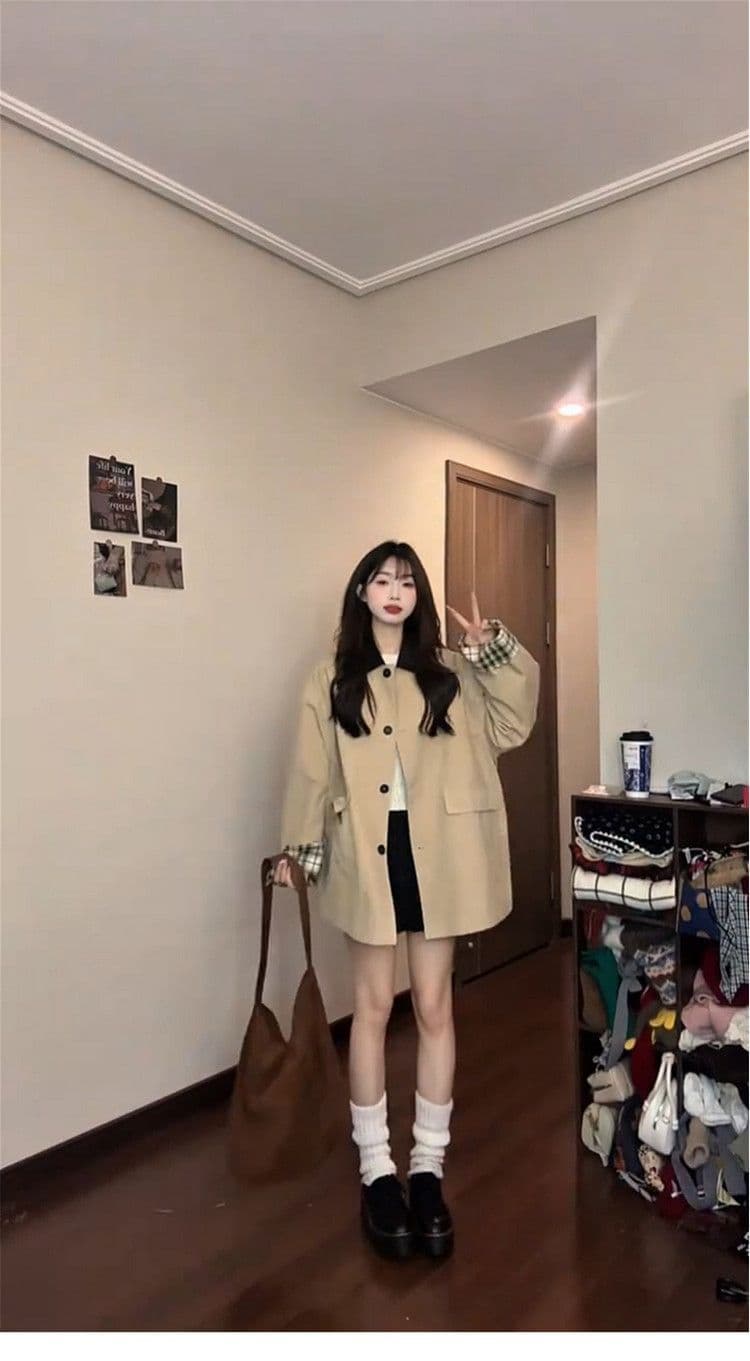 레트로 영국식 바람 체크무늬 패치워크 쇼트 스타일 바람막이 여성 코트 가을 작은 키 루즈핏 디자인 센스 재킷 맨위 상세 이미지 8