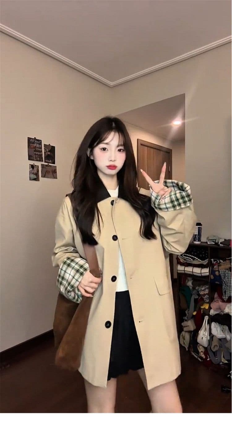레트로 영국식 바람 체크무늬 패치워크 쇼트 스타일 바람막이 여성 코트 가을 작은 키 루즈핏 디자인 센스 재킷 맨위 상세 이미지 9