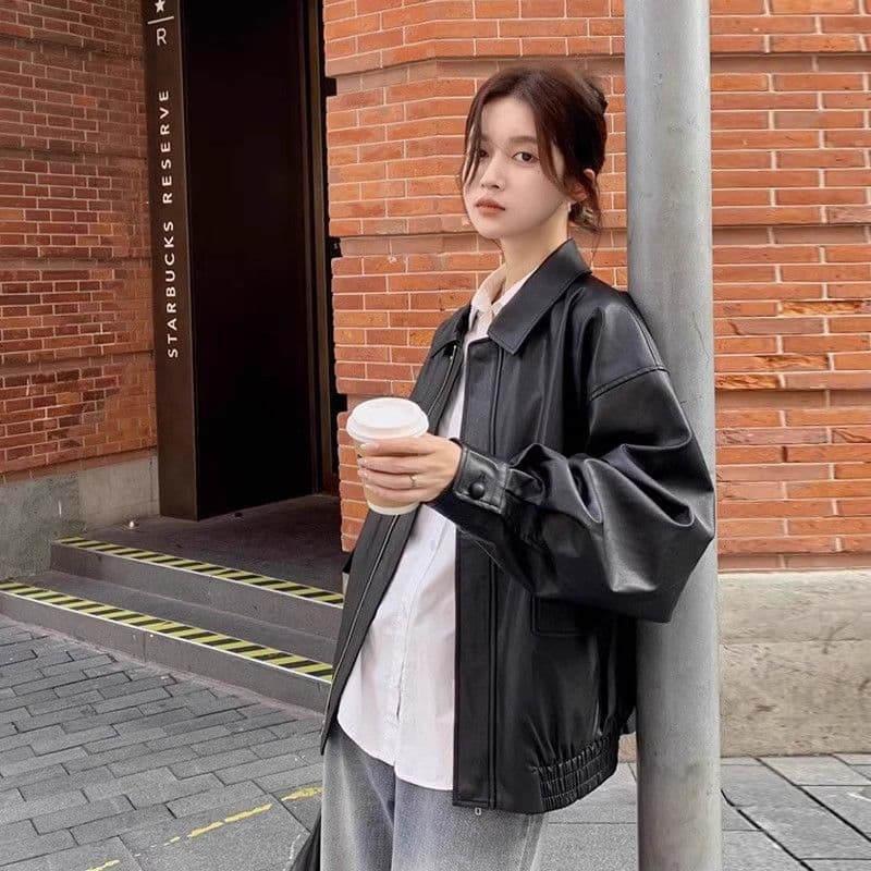 원본 것 가을 브라운 가죽 재킷 여성 코트 작은 키 항구 바람 레트로 아메리칸 가죽 자켓 아름다움 라드. 오토바이 이미지 2