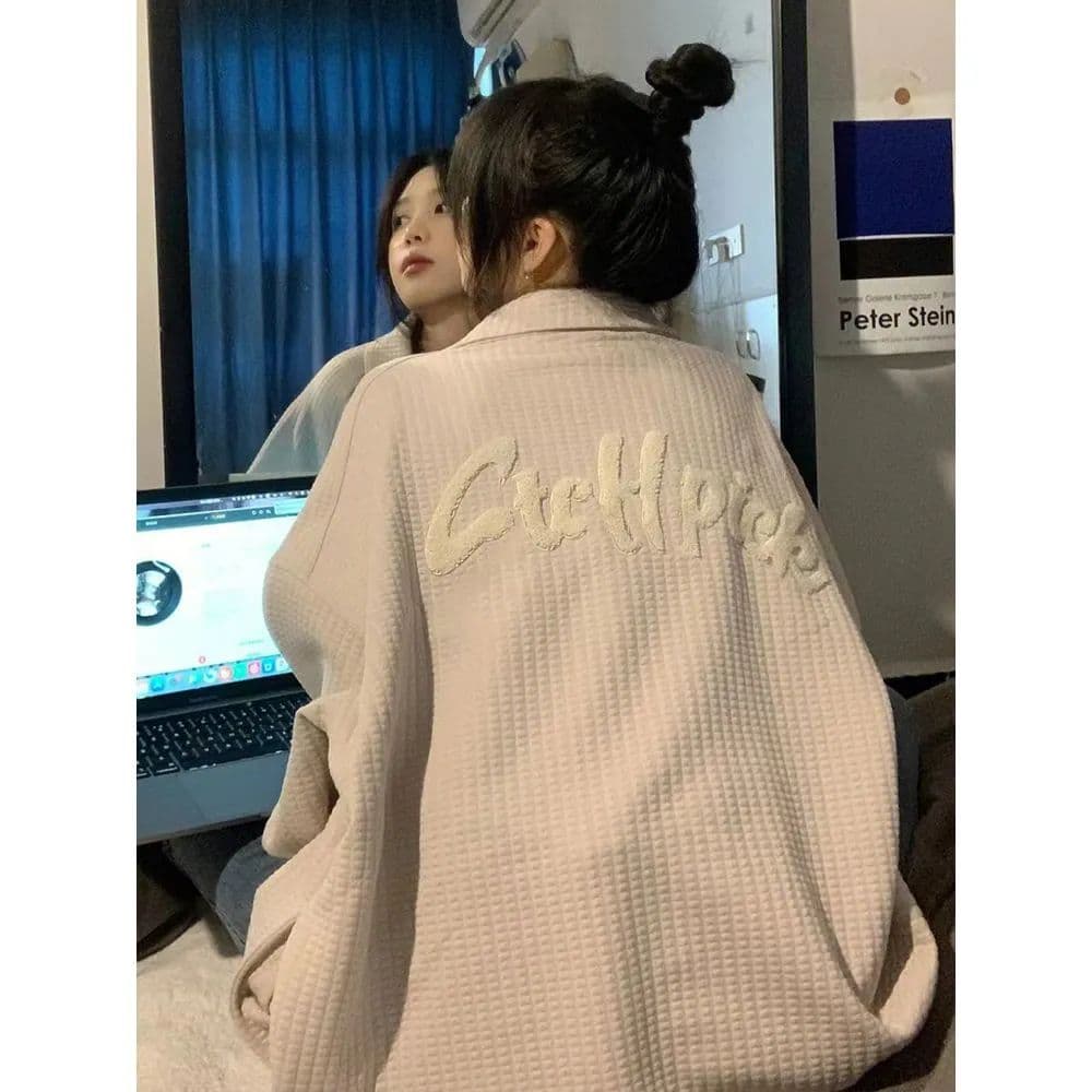 털 루트 자수 거리 레트로 알파벳 자수 펌프 로프 재킷 여자 학생 가을 후아 남편 그리드 재킷 맨위 트렌디 이미지 4