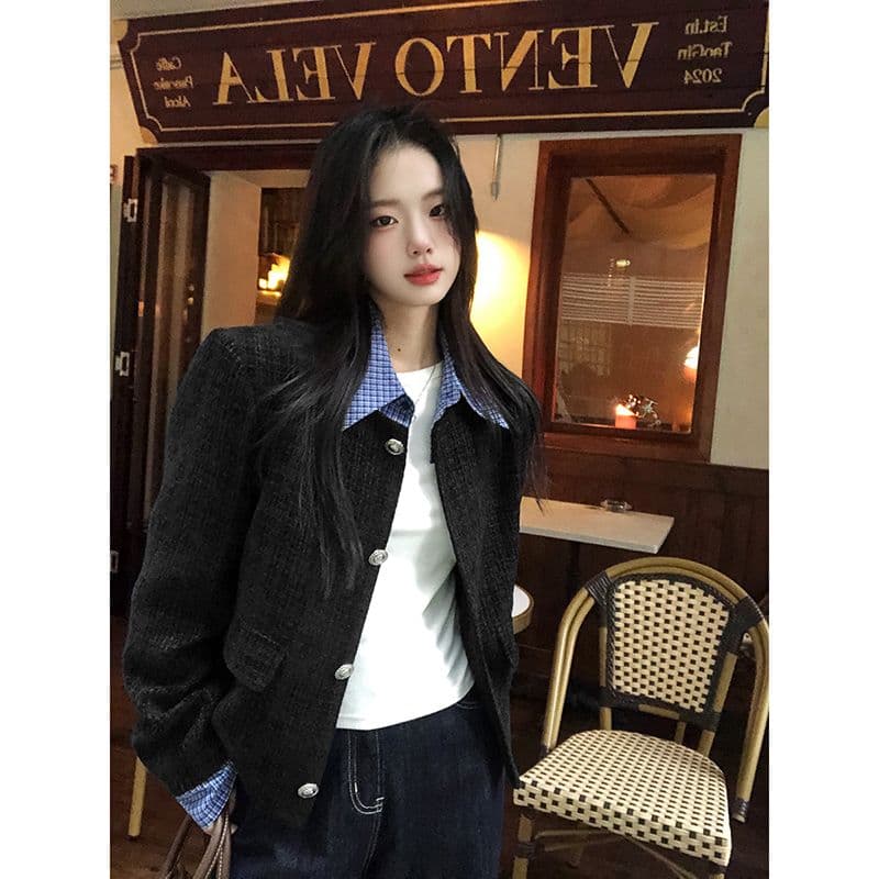 고급 센스 검정색 작은 샤넬 스타일 여성 코트 얇은 스타일 2026 봄 새로운 패치워크 배색 폴로 칼라 쇼트 스타일 맨위