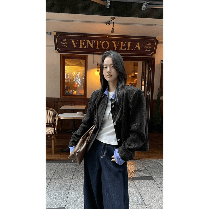 고급 센스 검정색 작은 샤넬 스타일 여성 코트 얇은 스타일 2026 봄 새로운 패치워크 배색 폴로 칼라 쇼트 스타일 맨위 상세 이미지 7