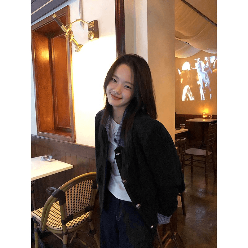 고급 센스 검정색 작은 샤넬 스타일 여성 코트 얇은 스타일 2026 봄 새로운 패치워크 배색 폴로 칼라 쇼트 스타일 맨위 상세 이미지 8