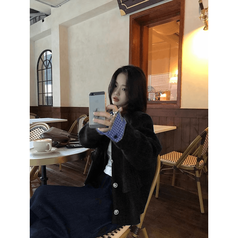 고급 센스 검정색 작은 샤넬 스타일 여성 코트 얇은 스타일 2026 봄 새로운 패치워크 배색 폴로 칼라 쇼트 스타일 맨위 상세 이미지 9