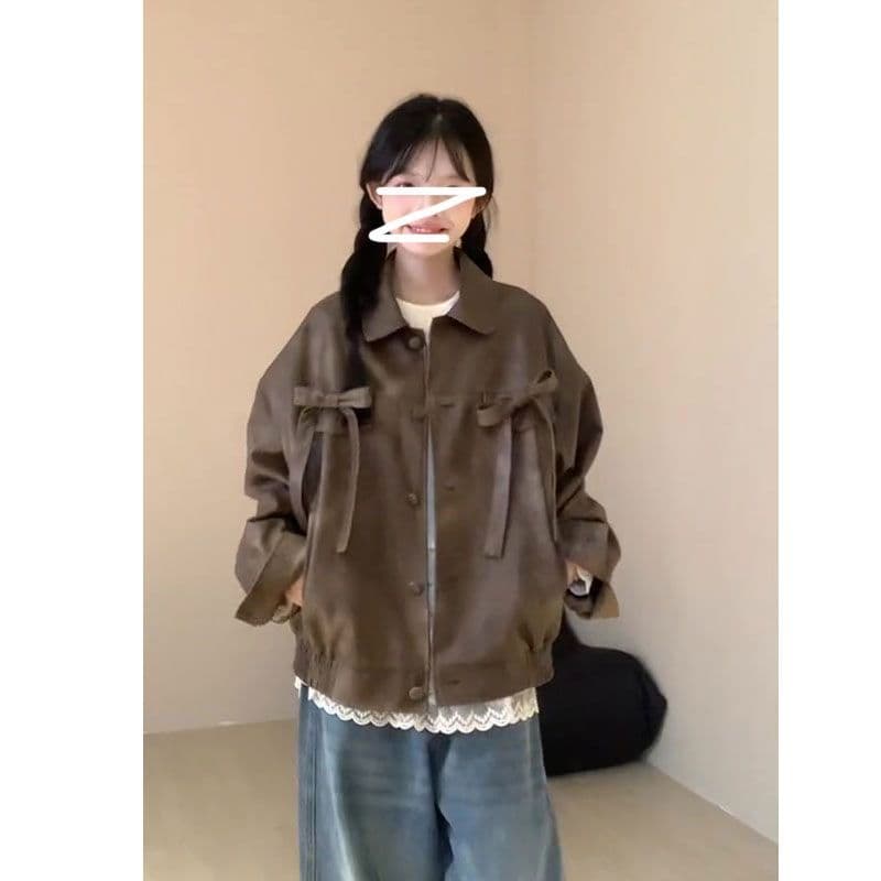 디자인 센스 나비 매듭 오토바이 pu 가죽 재킷 여성 가을 겨울 2026 새로운 루즈핏 슬림해 보이는 작은 키 맨위 재킷 트렌디 이미지 2