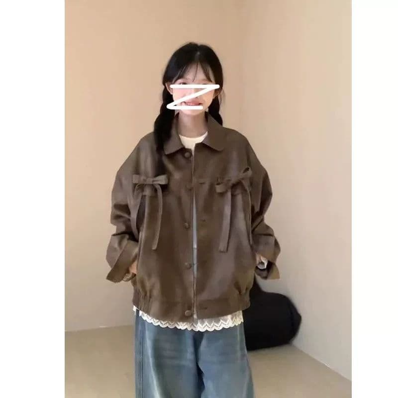 디자인 센스 나비 매듭 오토바이 pu 가죽 재킷 여성 가을 겨울 2026 새로운 루즈핏 슬림해 보이는 작은 키 맨위 재킷 트렌디 상세 이미지 2