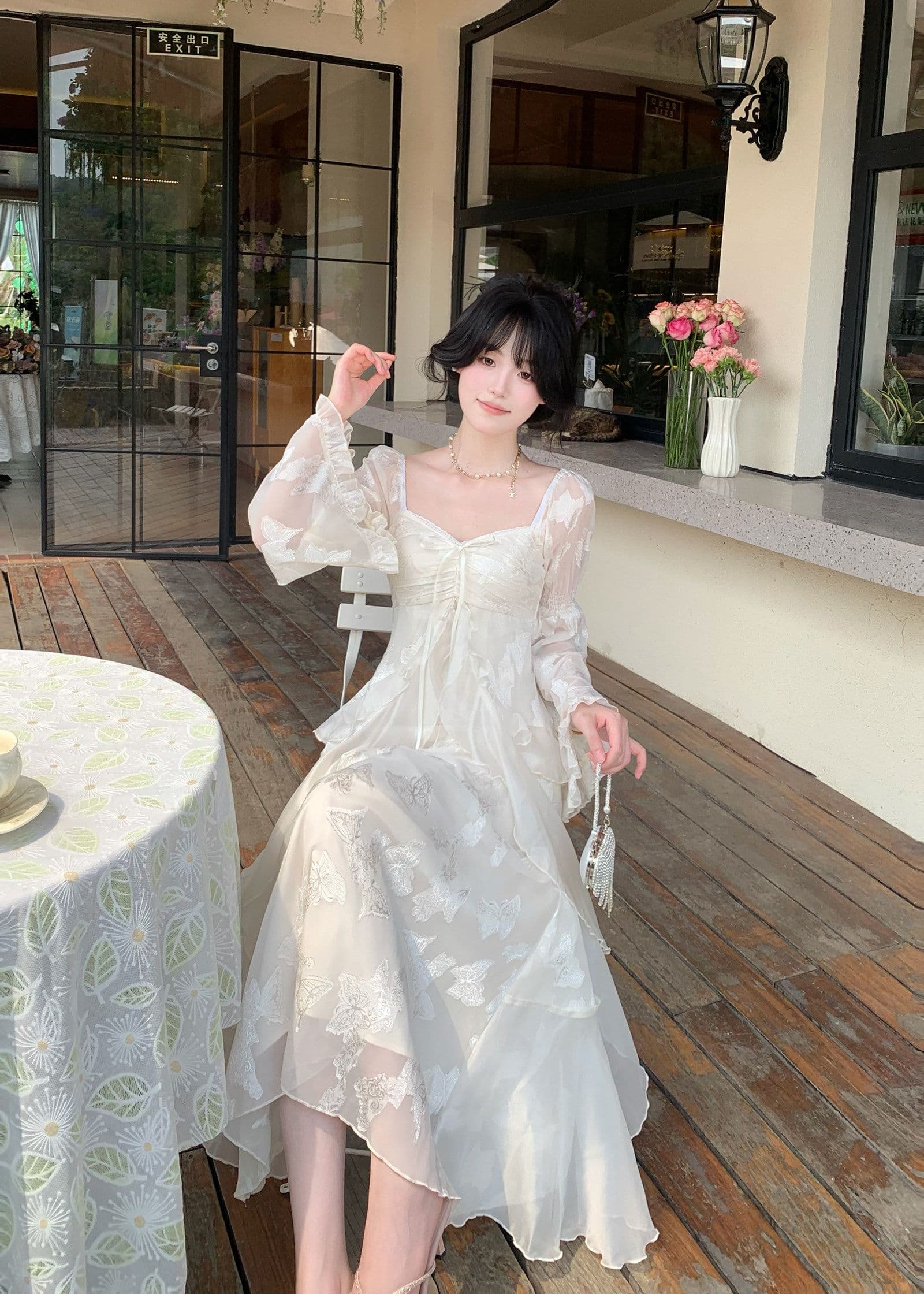 이른 가을 새로운 다용도 요정 치마 부드러운 빛 전단 꽃 나비 요정 가스 롱 스커트 가슴 주름 프릴 광장 칼라 롱 스커트 상세 이미지 5