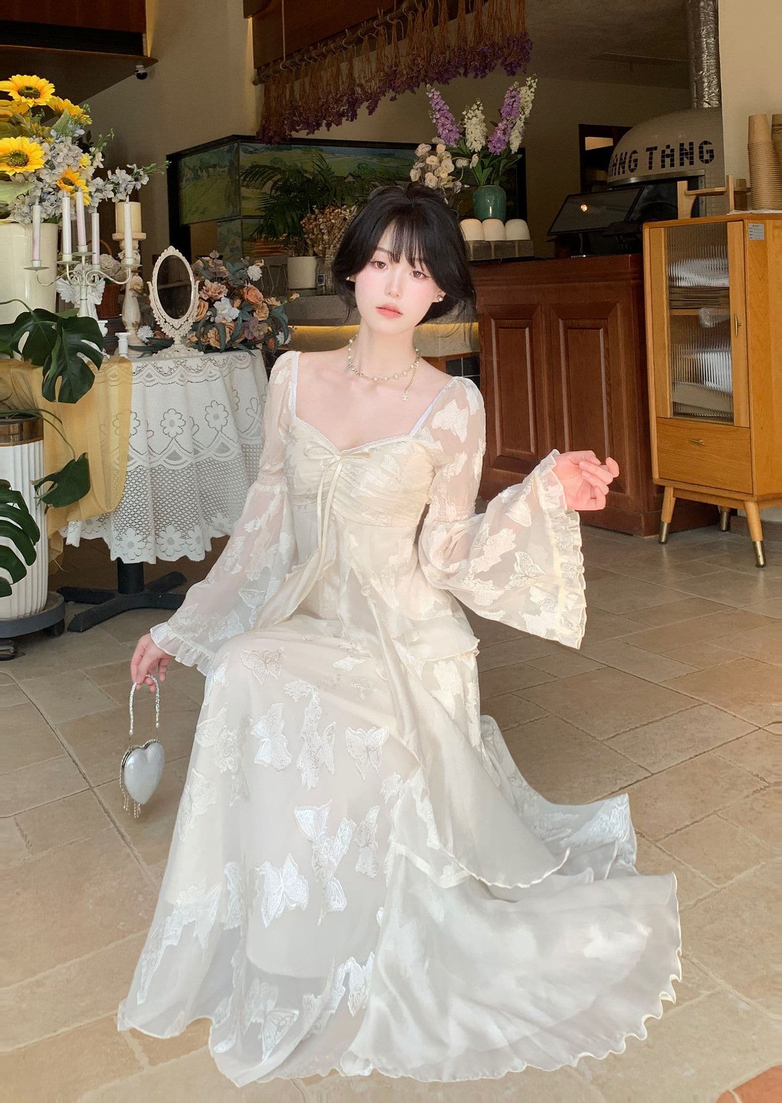 이른 가을 새로운 다용도 요정 치마 부드러운 빛 전단 꽃 나비 요정 가스 롱 스커트 가슴 주름 프릴 광장 칼라 롱 스커트 상세 이미지 9