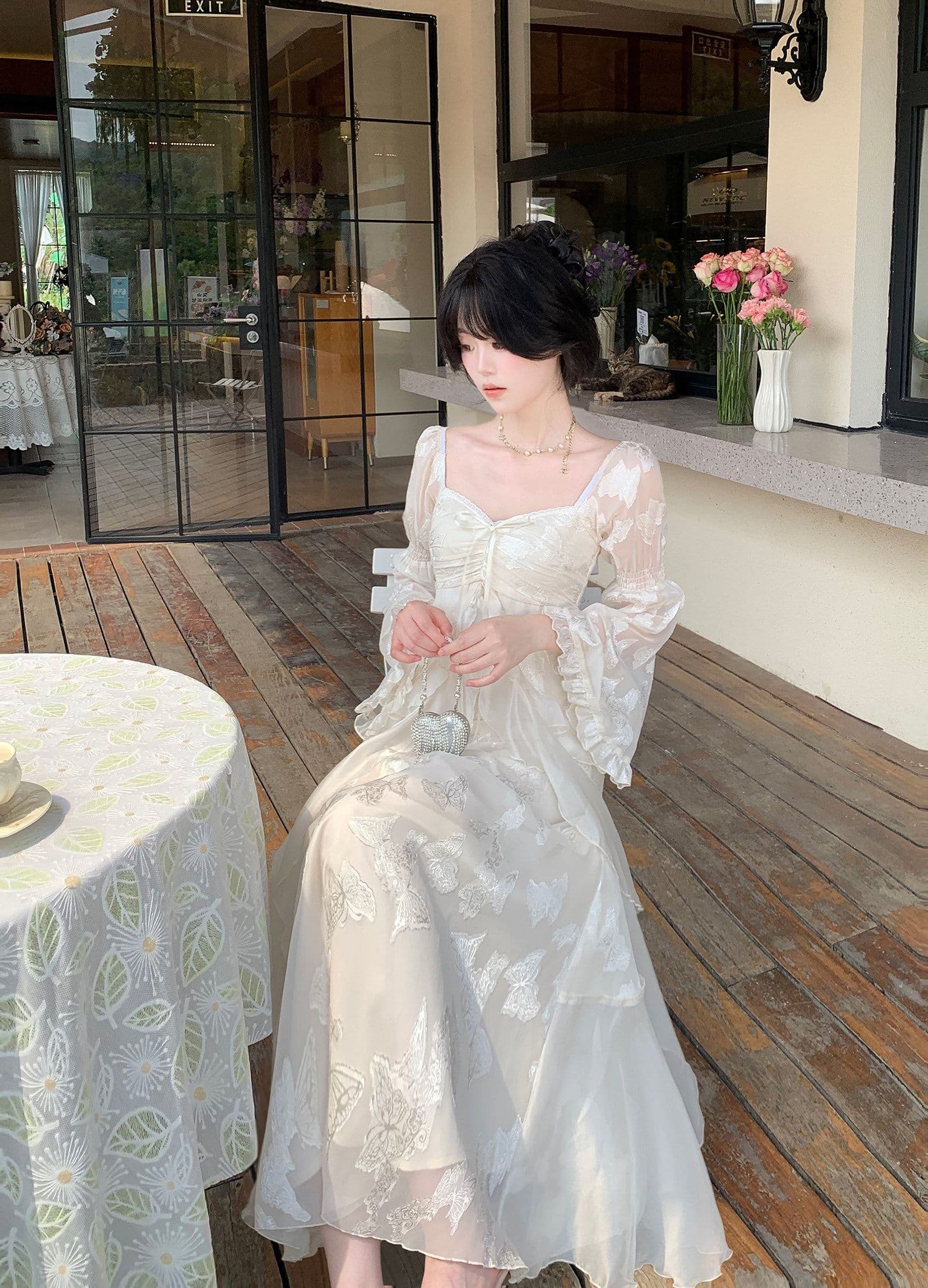 이른 가을 새로운 다용도 요정 치마 부드러운 빛 전단 꽃 나비 요정 가스 롱 스커트 가슴 주름 프릴 광장 칼라 롱 스커트 상세 이미지 11