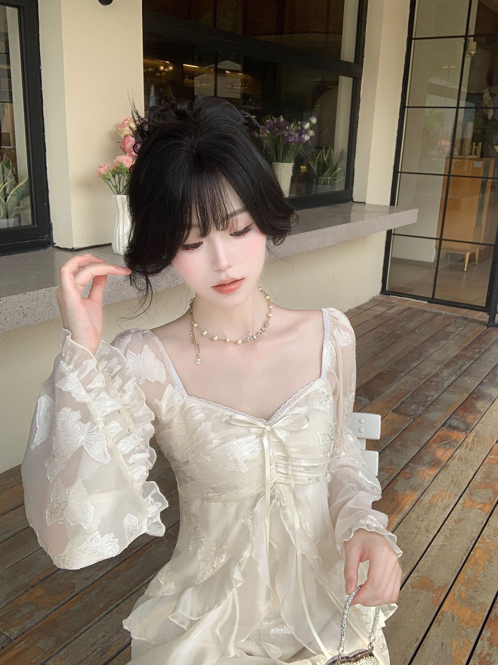 이른 가을 새로운 다용도 요정 치마 부드러운 빛 전단 꽃 나비 요정 가스 롱 스커트 가슴 주름 프릴 광장 칼라 롱 스커트 상세 이미지 14
