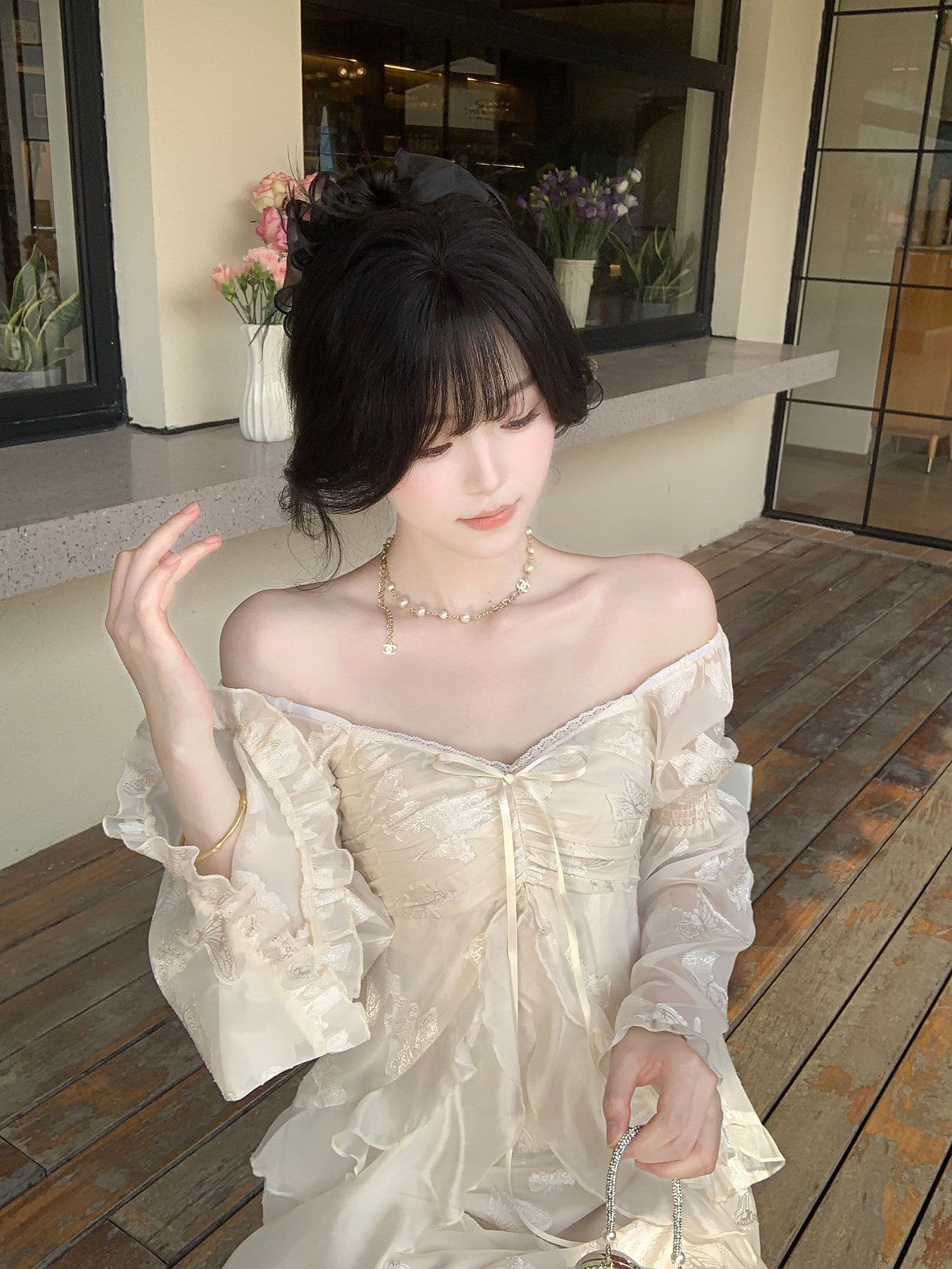 이른 가을 새로운 다용도 요정 치마 부드러운 빛 전단 꽃 나비 요정 가스 롱 스커트 가슴 주름 프릴 광장 칼라 롱 스커트 상세 이미지 16
