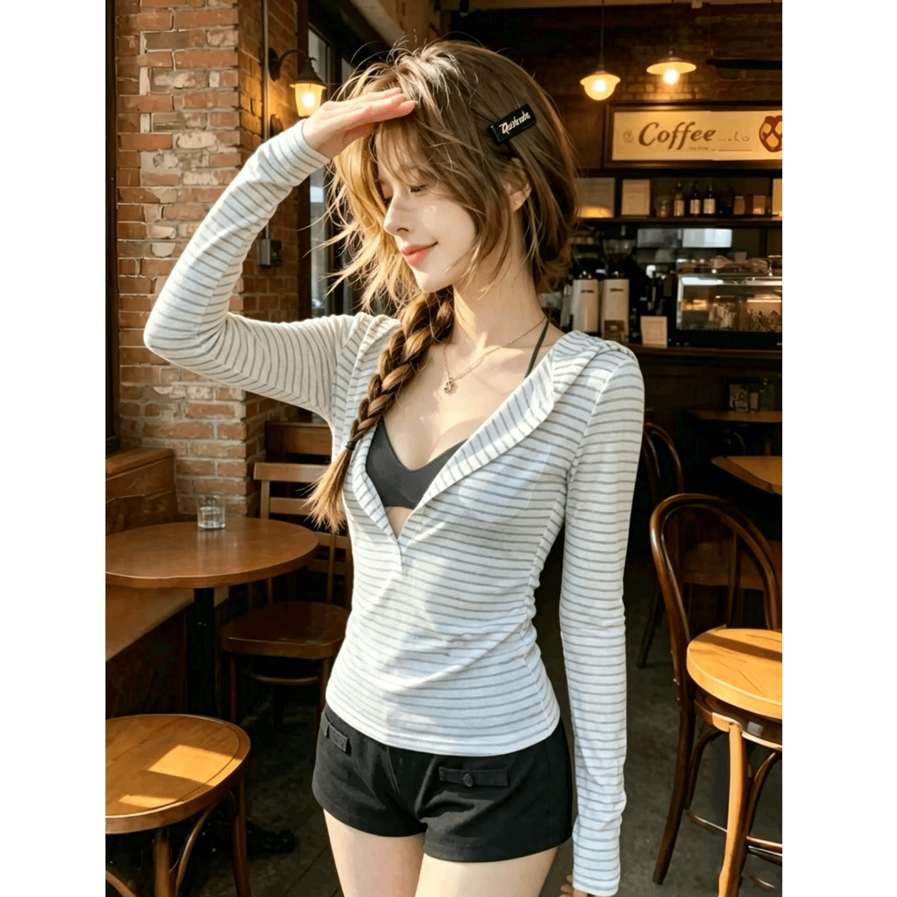 150그램 65 라이 경기 서울 35 폴리 에스터 스트라이프 반 개방 칼라 후드 얇은 스타일 티셔츠 여성 여름 긴팔 자외선 차단 블라우스 맨위 이미지 2