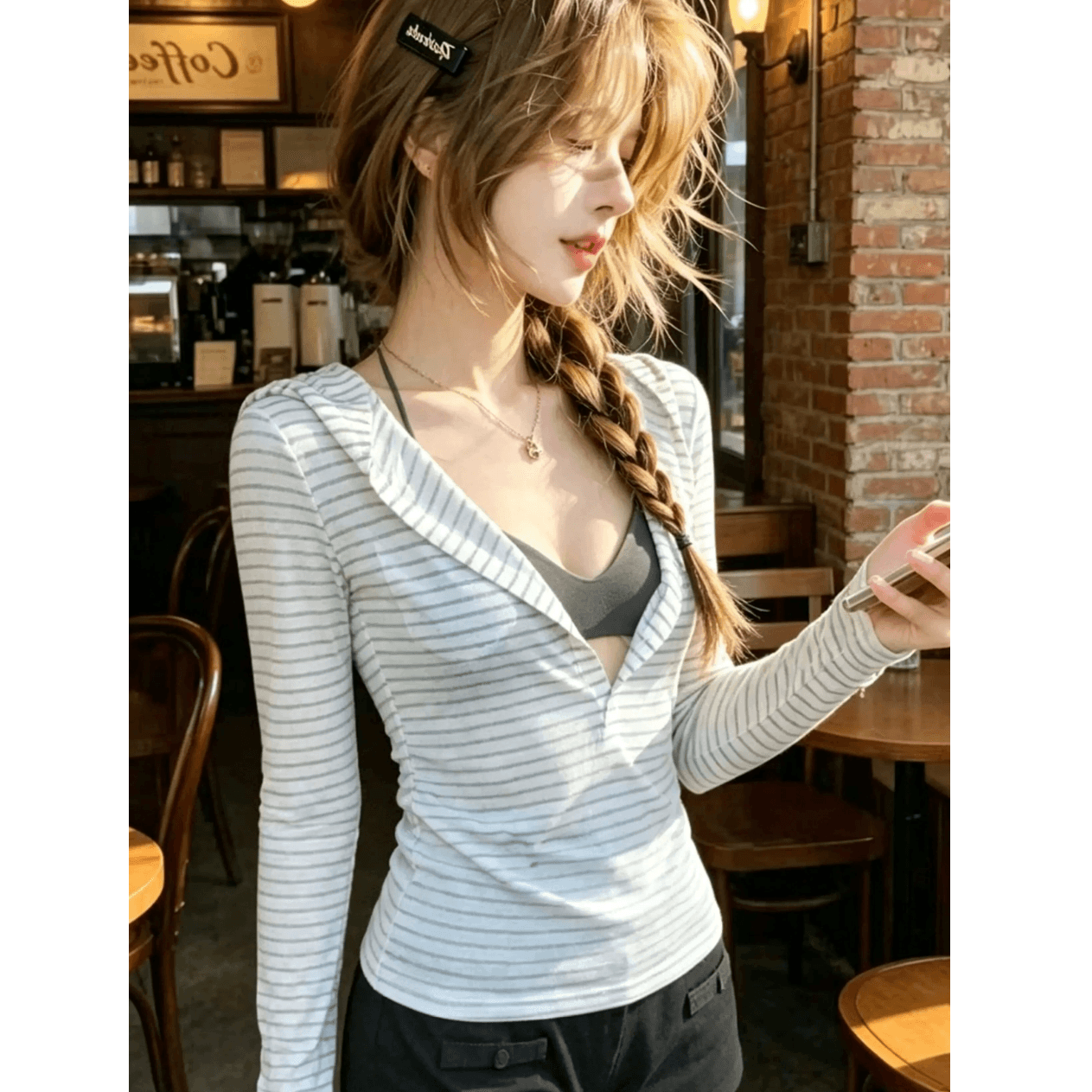 150그램 65 라이 경기 서울 35 폴리 에스터 스트라이프 반 개방 칼라 후드 얇은 스타일 티셔츠 여성 여름 긴팔 자외선 차단 블라우스 맨위 이미지 5