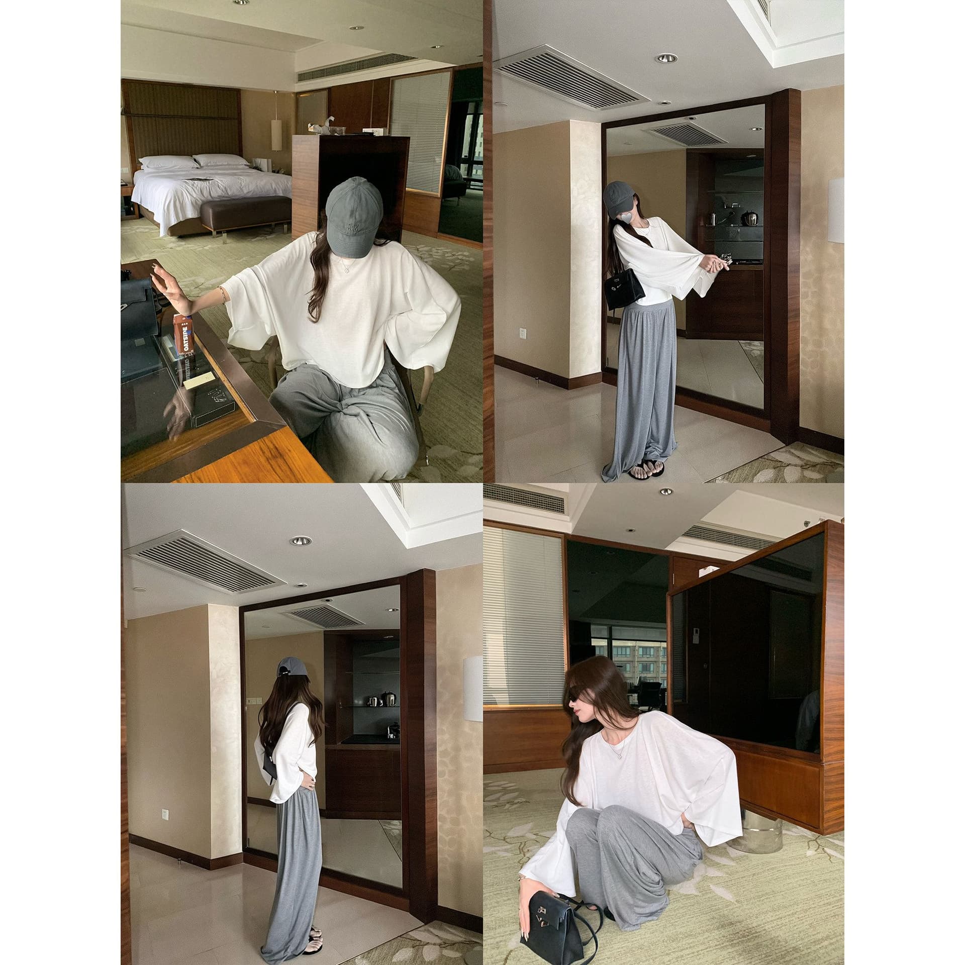 200그램 주간 실크 더블 실 라이 경기 서울 박쥐 비료 소매 느슨함 느긋한 루즈핏 그레이트 긴팔 티셔츠 여성 이미지 3