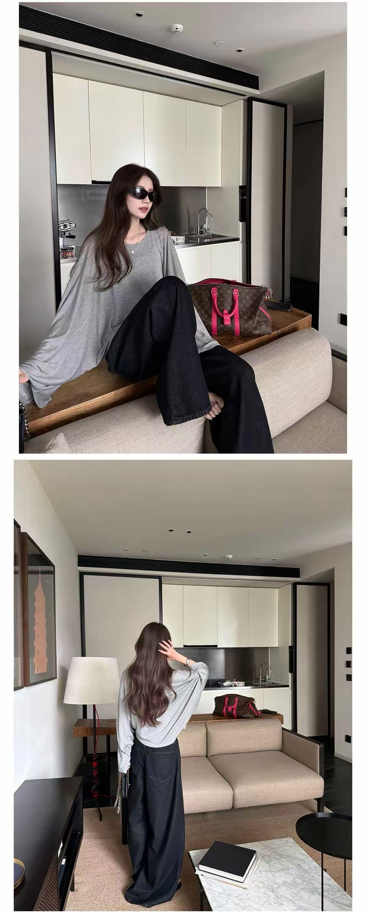 200그램 주간 실크 더블 실 라이 경기 서울 박쥐 비료 소매 느슨함 느긋한 루즈핏 그레이트 긴팔 티셔츠 여성 상세 이미지 4