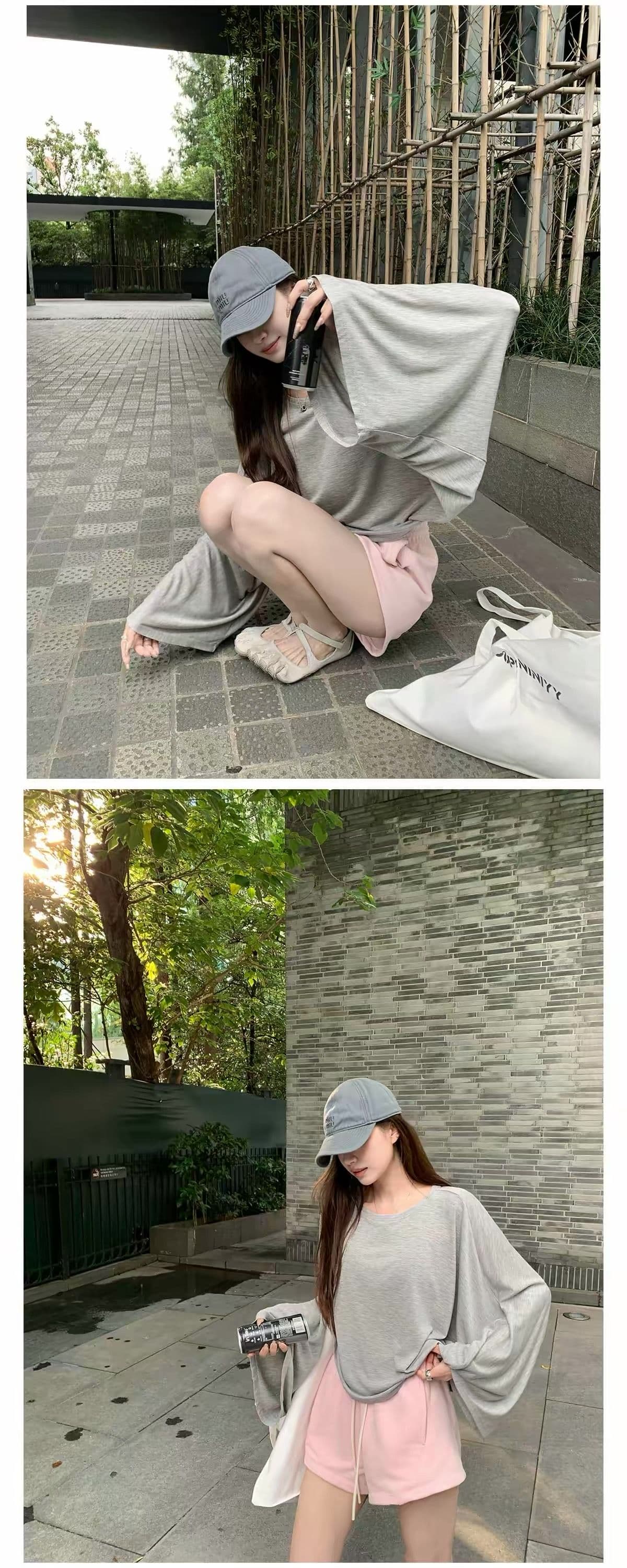 200그램 주간 실크 더블 실 라이 경기 서울 박쥐 비료 소매 느슨함 느긋한 루즈핏 그레이트 긴팔 티셔츠 여성 상세 이미지 11