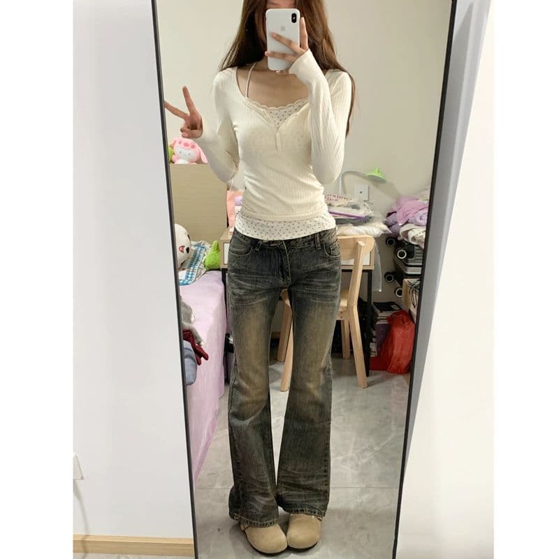 경관 그림 프랑스식 꽃무늬 페이크 레이어드 긴팔 티셔츠 여성 이른 가을 몸매 가꾸기 chic 달콤한 매운맛 순수한 욕망 바람 쇼트 스타일 맨위 서비스 이미지 4
