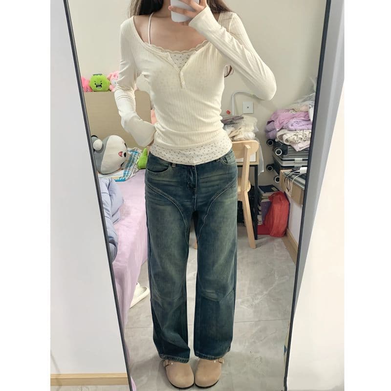 경관 그림 프랑스식 꽃무늬 페이크 레이어드 긴팔 티셔츠 여성 이른 가을 몸매 가꾸기 chic 달콤한 매운맛 순수한 욕망 바람 쇼트 스타일 맨위 서비스 상세 이미지 5
