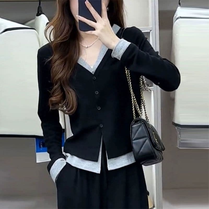 경관 그림 단추 오픈 가디건 페이크 레이어드 긴팔 티셔츠 여성 가을 한국 스타일 몸매 가꾸기 인사이드 가져 가라. 쇼트 스타일 기본 셔츠 맨위