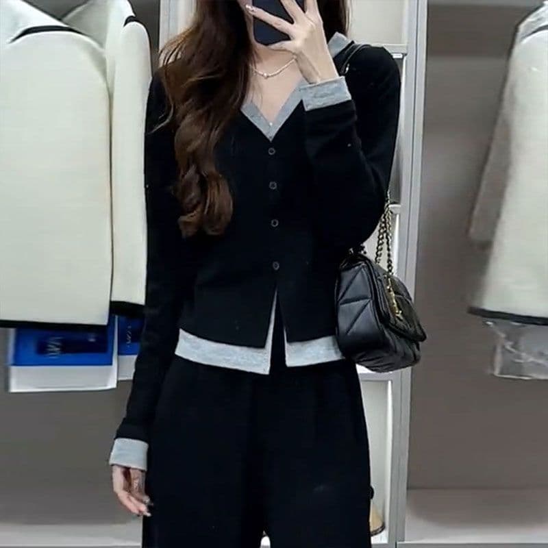경관 그림 단추 오픈 가디건 페이크 레이어드 긴팔 티셔츠 여성 가을 한국 스타일 몸매 가꾸기 인사이드 가져 가라. 쇼트 스타일 기본 셔츠 맨위 상세 이미지 3