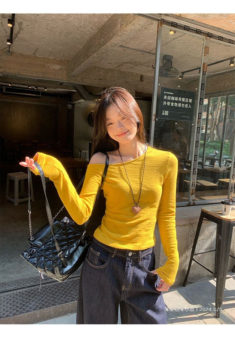 경관 그림 한 부서 황색 비스듬한 어깨 긴팔 티셔츠 여성 가을 새로운 인사이드 가져 가라. 기본 셔츠 몸매 가꾸기 슬림해 보이는 Chic 맨위 상세 이미지 5