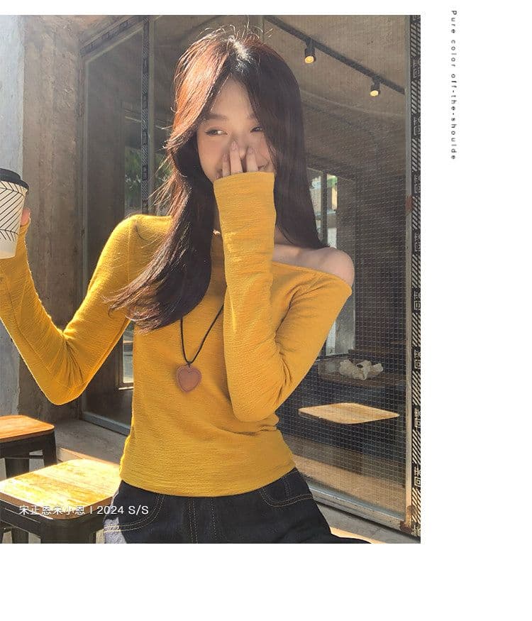 경관 그림 한 부서 황색 비스듬한 어깨 긴팔 티셔츠 여성 가을 새로운 인사이드 가져 가라. 기본 셔츠 몸매 가꾸기 슬림해 보이는 Chic 맨위 상세 이미지 7