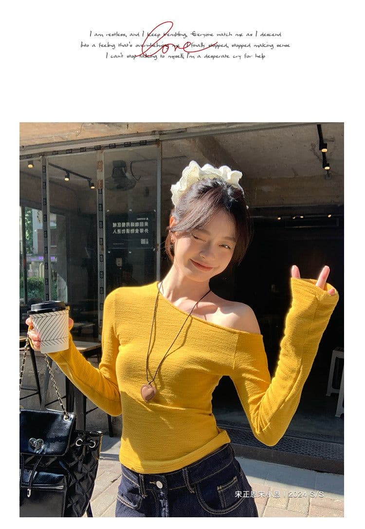 경관 그림 한 부서 황색 비스듬한 어깨 긴팔 티셔츠 여성 가을 새로운 인사이드 가져 가라. 기본 셔츠 몸매 가꾸기 슬림해 보이는 Chic 맨위 상세 이미지 9