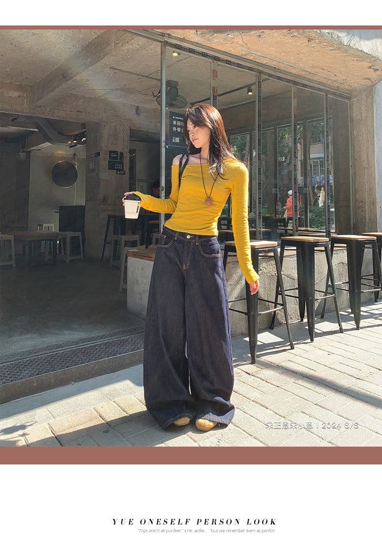 경관 그림 한 부서 황색 비스듬한 어깨 긴팔 티셔츠 여성 가을 새로운 인사이드 가져 가라. 기본 셔츠 몸매 가꾸기 슬림해 보이는 Chic 맨위 상세 이미지 13