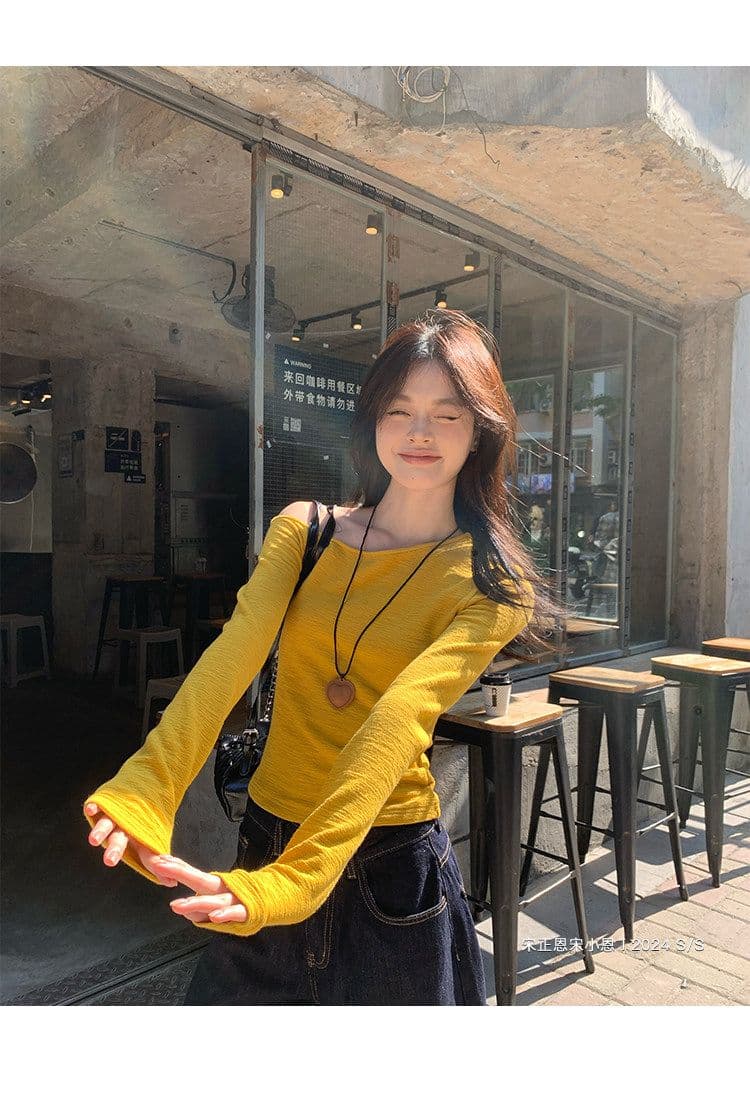 경관 그림 한 부서 황색 비스듬한 어깨 긴팔 티셔츠 여성 가을 새로운 인사이드 가져 가라. 기본 셔츠 몸매 가꾸기 슬림해 보이는 Chic 맨위 상세 이미지 14