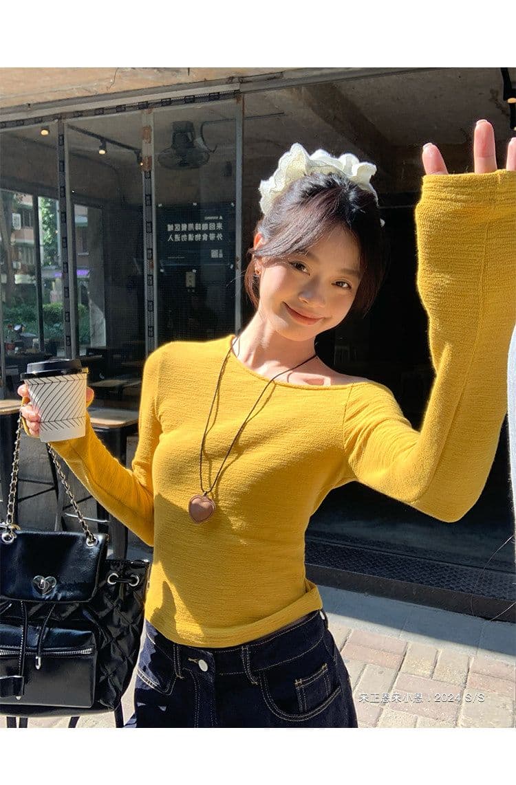 경관 그림 한 부서 황색 비스듬한 어깨 긴팔 티셔츠 여성 가을 새로운 인사이드 가져 가라. 기본 셔츠 몸매 가꾸기 슬림해 보이는 Chic 맨위 상세 이미지 15