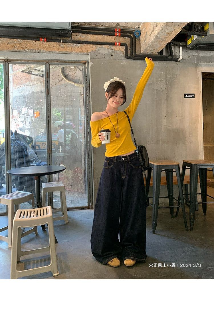 경관 그림 한 부서 황색 비스듬한 어깨 긴팔 티셔츠 여성 가을 새로운 인사이드 가져 가라. 기본 셔츠 몸매 가꾸기 슬림해 보이는 Chic 맨위 상세 이미지 16