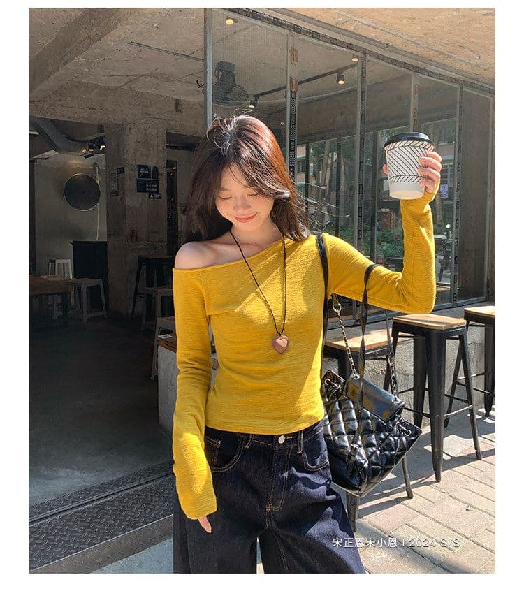 경관 그림 한 부서 황색 비스듬한 어깨 긴팔 티셔츠 여성 가을 새로운 인사이드 가져 가라. 기본 셔츠 몸매 가꾸기 슬림해 보이는 Chic 맨위 상세 이미지 18