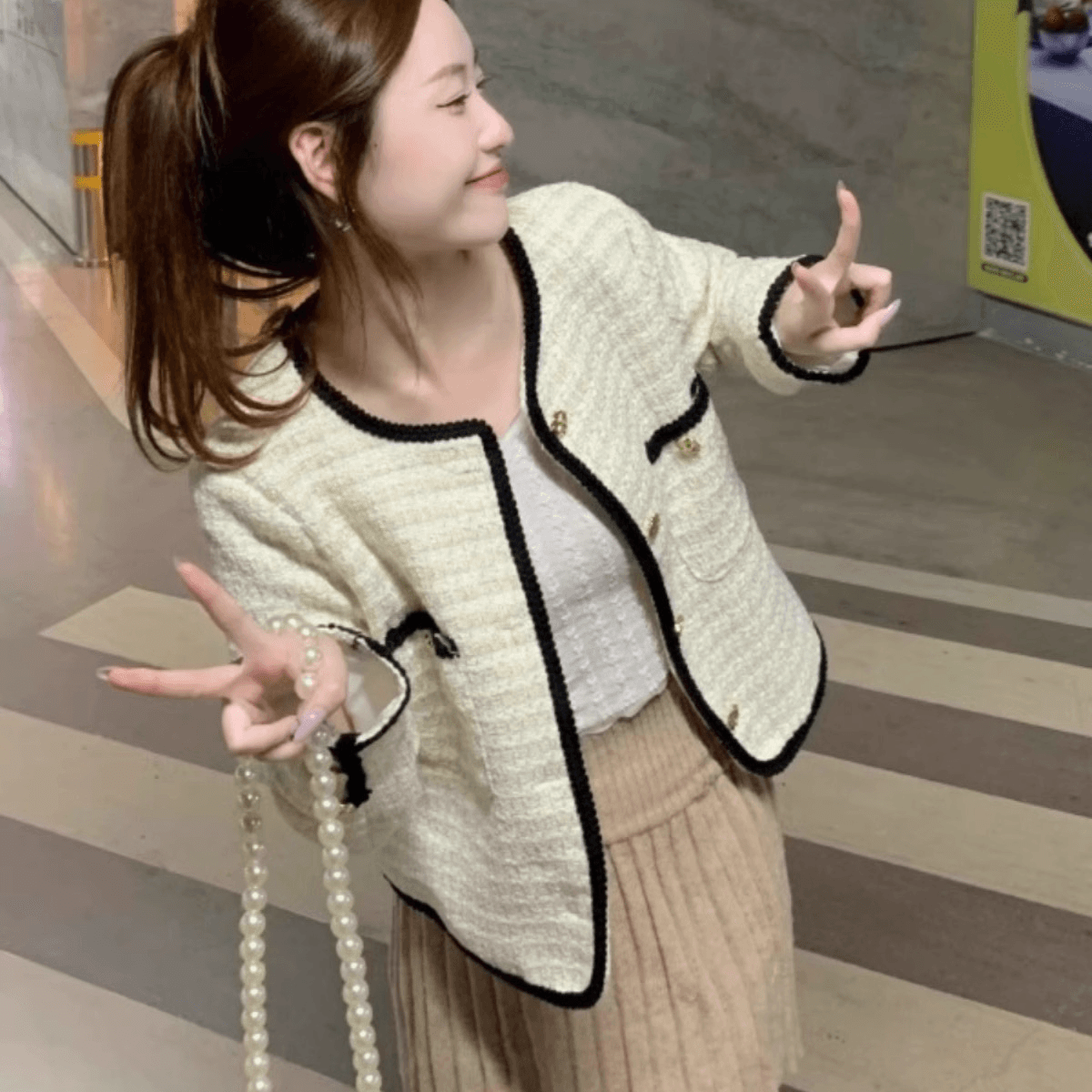 살구 색상 작은 샤넬 스타일 여성 코트 가을 겨울철 2026 새로운 고급 센스 학원 스타일 명문 여성 트위드 플러스 면 맨위 이미지 5