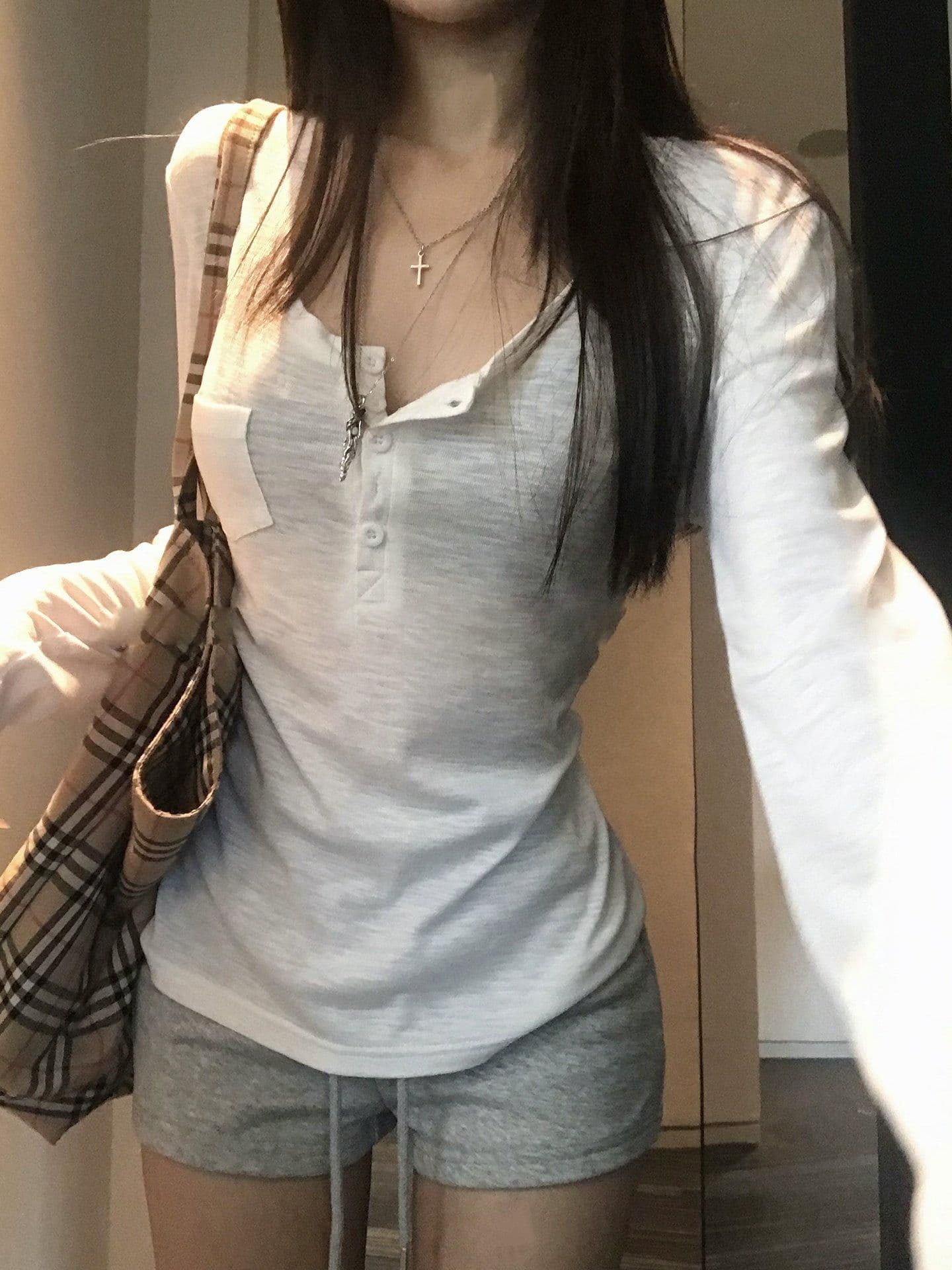 260 그램 사람들 면 대나무 마디 93 접착제 7 암모니아 Lun 헨리 칼라 긴팔 티셔츠 여성 가을 몸매 가꾸기 기본 셔츠 맨위 상세 이미지 2