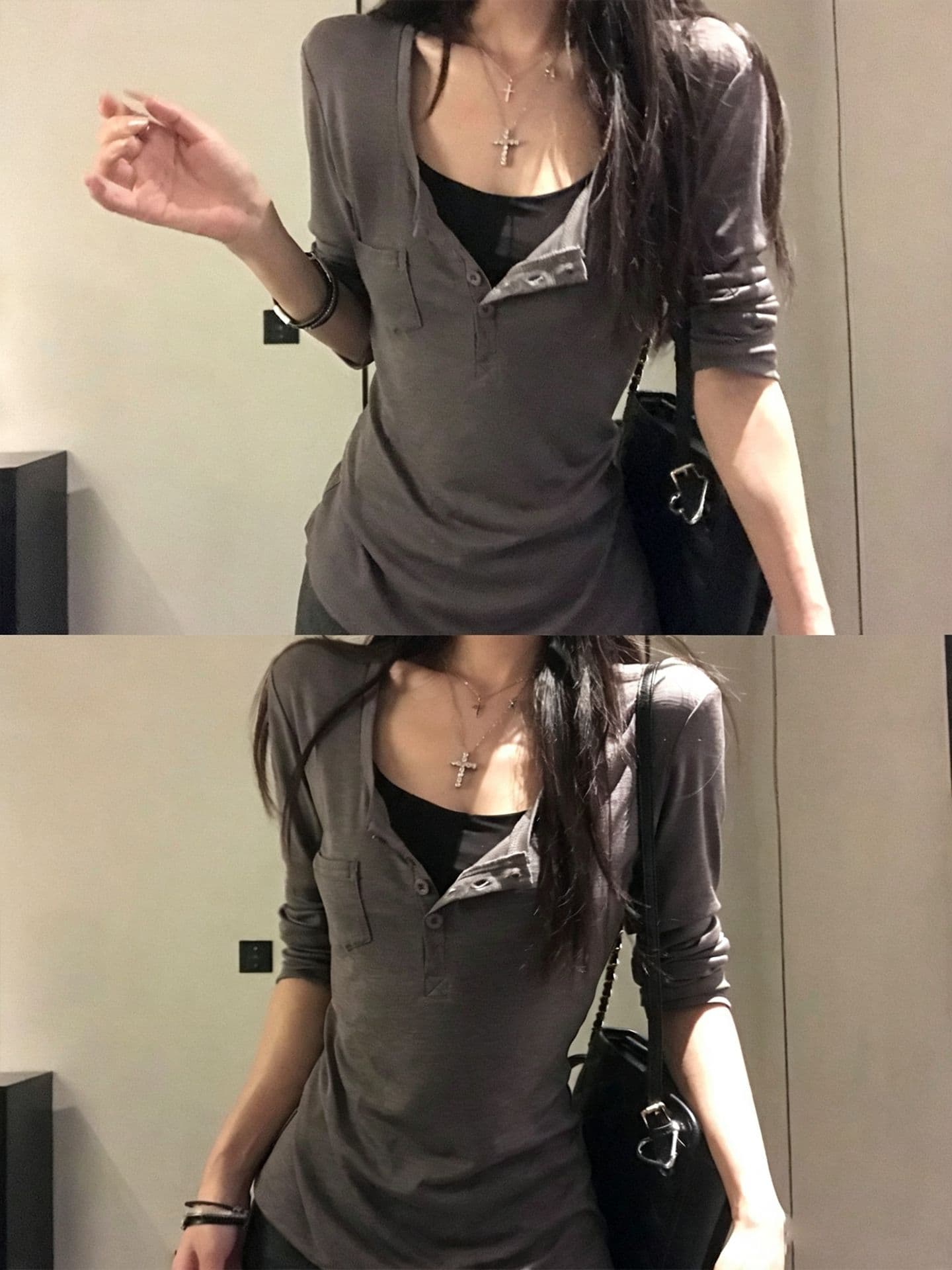 260 그램 사람들 면 대나무 마디 93 접착제 7 암모니아 Lun 헨리 칼라 긴팔 티셔츠 여성 가을 몸매 가꾸기 기본 셔츠 맨위 상세 이미지 5