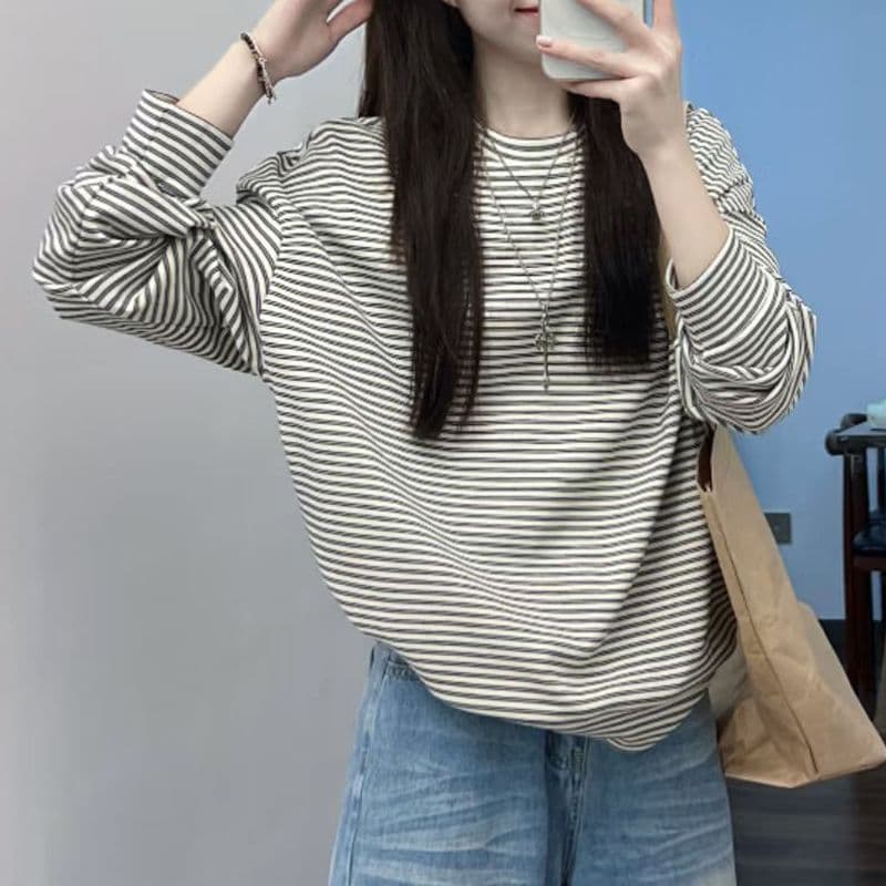 스트라이프 긴팔 티셔츠 여성 봄 가을 루즈핏 한국 스타일 느긋한 바람 기본 셔츠 다용도 맨위 트렌디 이미지 3