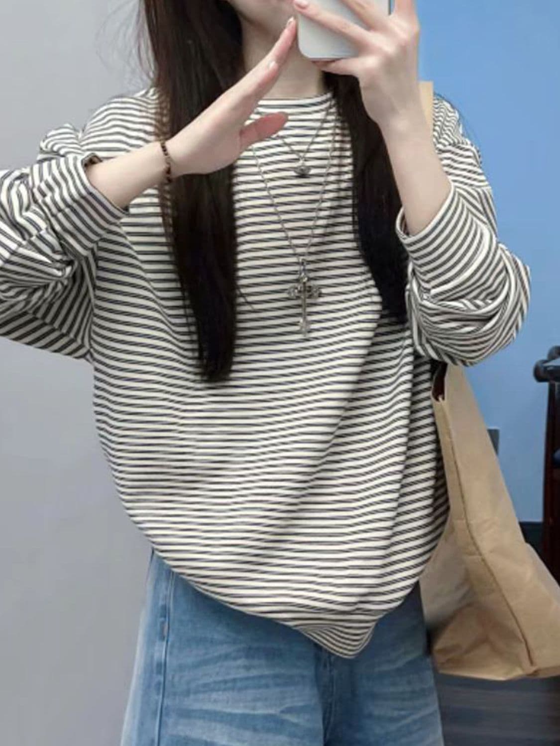 스트라이프 긴팔 티셔츠 여성 봄 가을 루즈핏 한국 스타일 느긋한 바람 기본 셔츠 다용도 맨위 트렌디 상세 이미지 2