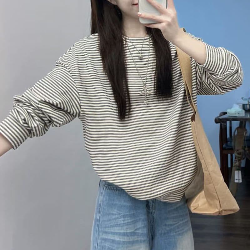스트라이프 긴팔 티셔츠 여성 봄 가을 루즈핏 한국 스타일 느긋한 바람 기본 셔츠 다용도 맨위 트렌디 상세 이미지 3