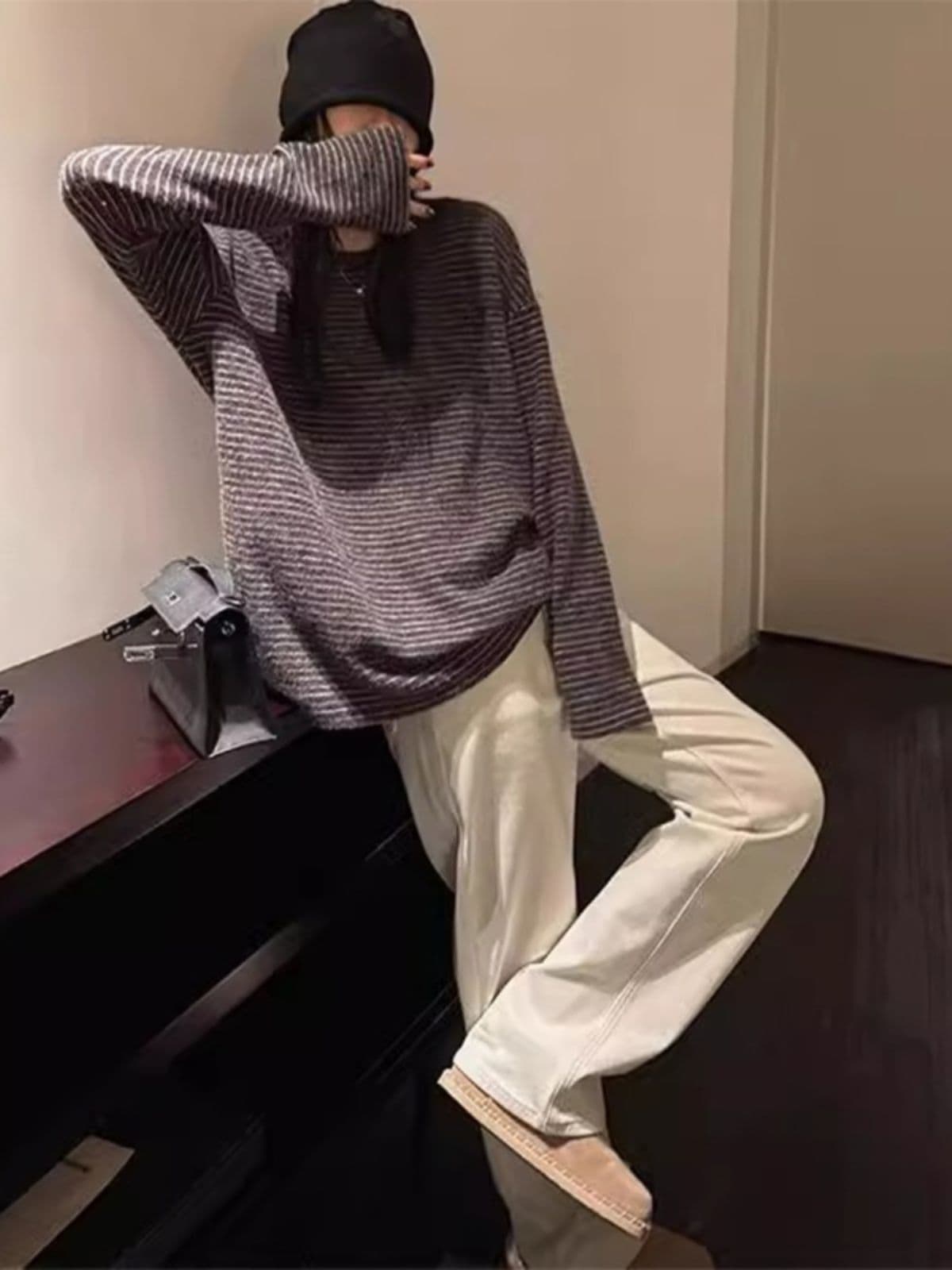 78 아크릴 19 아크릴 3 암모니아 Lun 스트라이프 라운드 넥 맨위 여성 가을 겨울 새로운 한국 스타일 긴팔 티셔츠 이미지 2