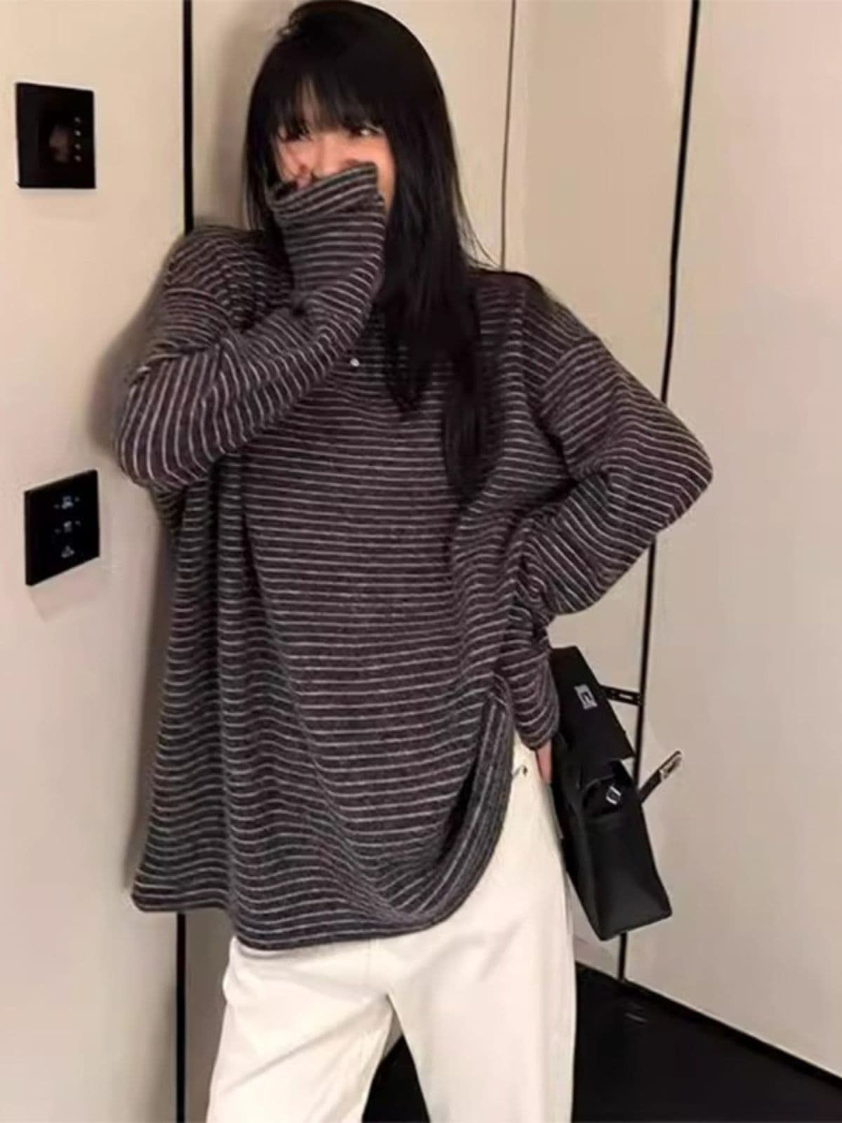 78 아크릴 19 아크릴 3 암모니아 Lun 스트라이프 라운드 넥 맨위 여성 가을 겨울 새로운 한국 스타일 긴팔 티셔츠