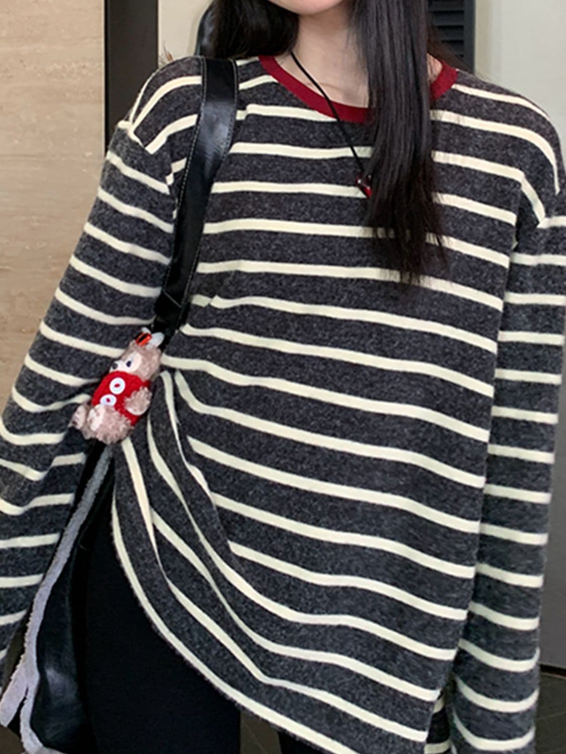 원본 토끼 울 양면 털 한 부서 스트라이프 루즈핏 긴팔 티셔츠 여성 인사이드 가져 가라. 수 있습니다. 외출용 느긋한 중간 길이 맨위 이미지 4
