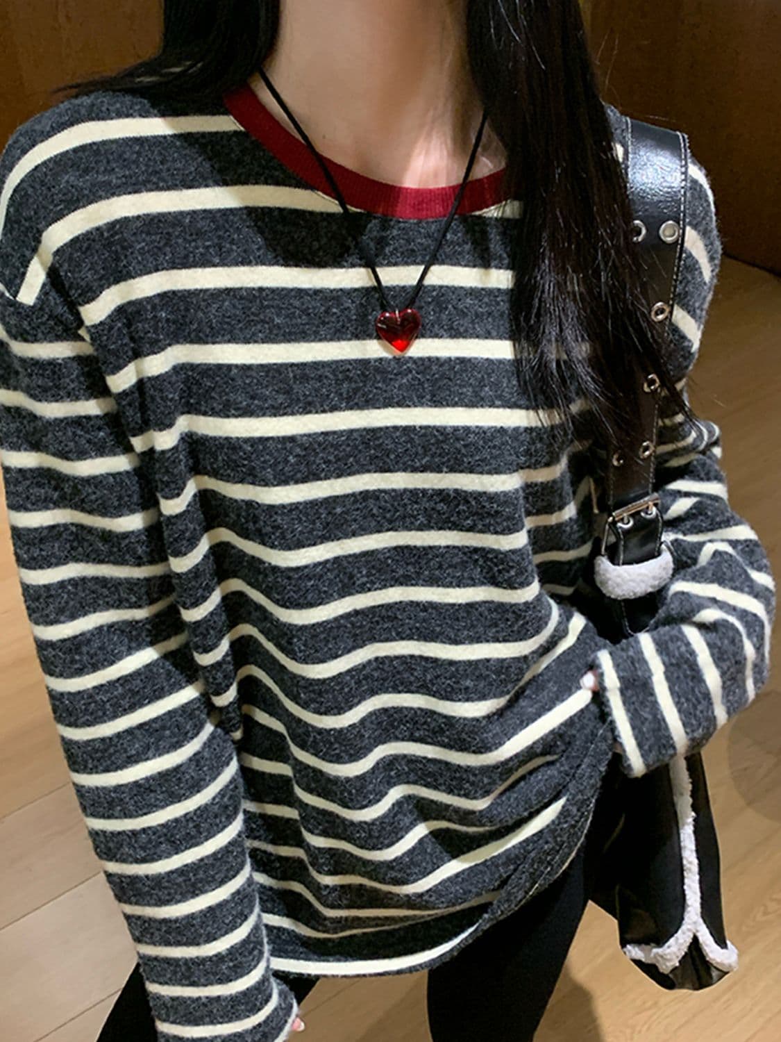 원본 토끼 울 양면 털 한 부서 스트라이프 루즈핏 긴팔 티셔츠 여성 인사이드 가져 가라. 수 있습니다. 외출용 느긋한 중간 길이 맨위