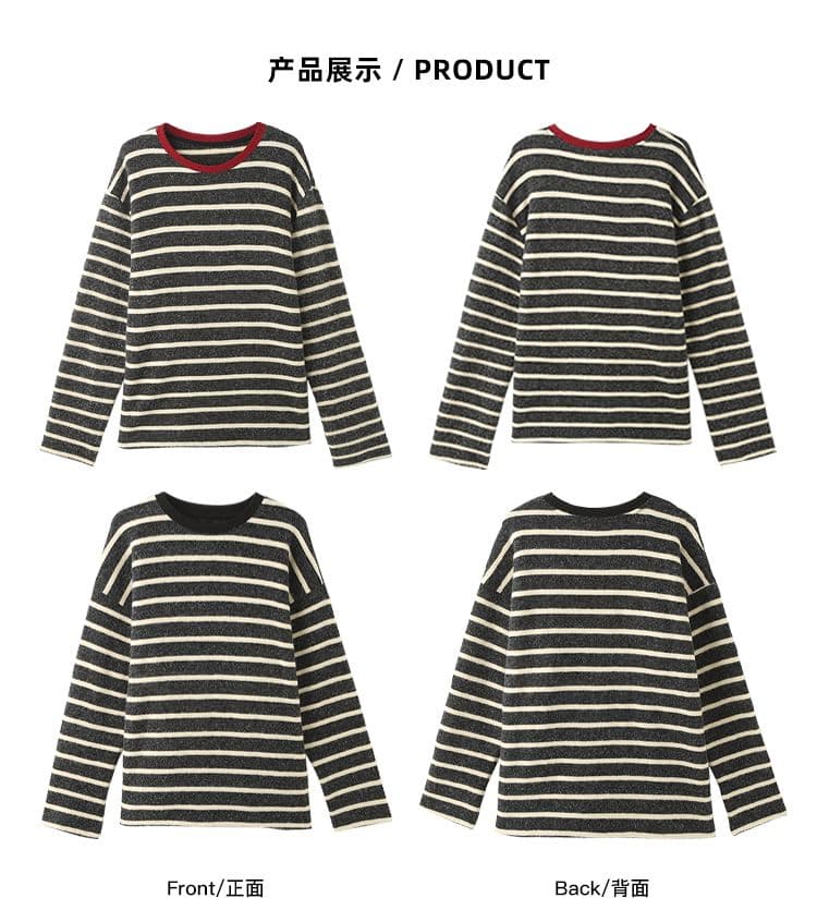 원본 토끼 울 양면 털 한 부서 스트라이프 루즈핏 긴팔 티셔츠 여성 인사이드 가져 가라. 수 있습니다. 외출용 느긋한 중간 길이 맨위 상세 이미지 3