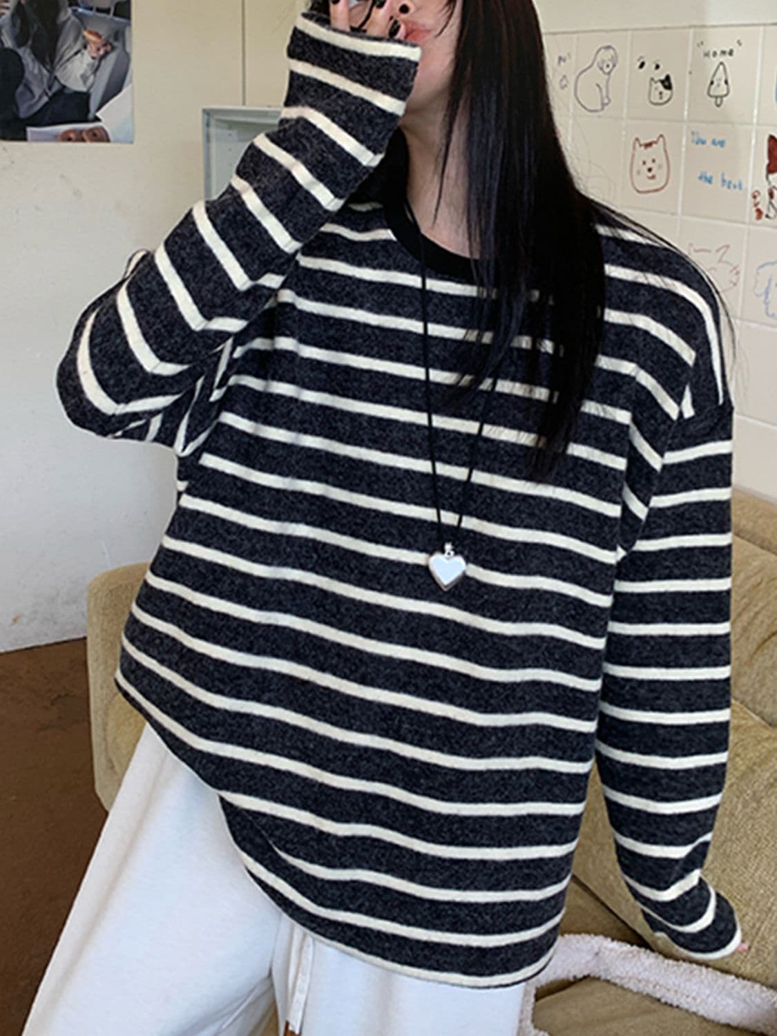 원본 토끼 울 양면 털 한 부서 스트라이프 루즈핏 긴팔 티셔츠 여성 인사이드 가져 가라. 수 있습니다. 외출용 느긋한 중간 길이 맨위 상세 이미지 13