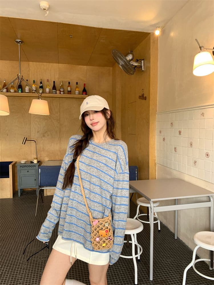 빅 사이즈 원본 원단 느긋한 라운드 넥 긴팔 티셔츠 기본 셔츠 여성 가을 겨울 배색 스트라이프 맨위 상세 이미지 6